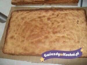 Puszysty biszkopt na blacie do pieczenia, gotowy do dekoracji.