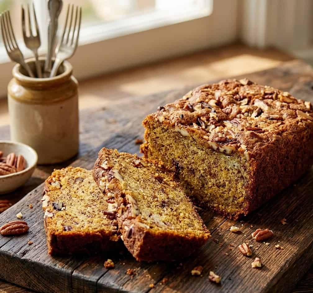 Domowy chleb bananowy z orzechami na drewnianej desce kuchennej.